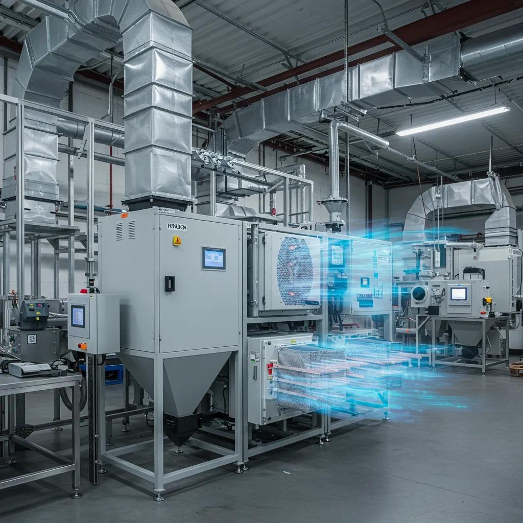 Industrial air purification system demonstrating HEPA and UV-C technologies for improved air quality