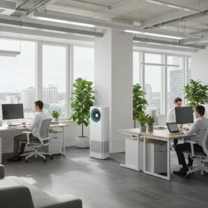Modern office space with air purification system and plants promoting indoor air quality