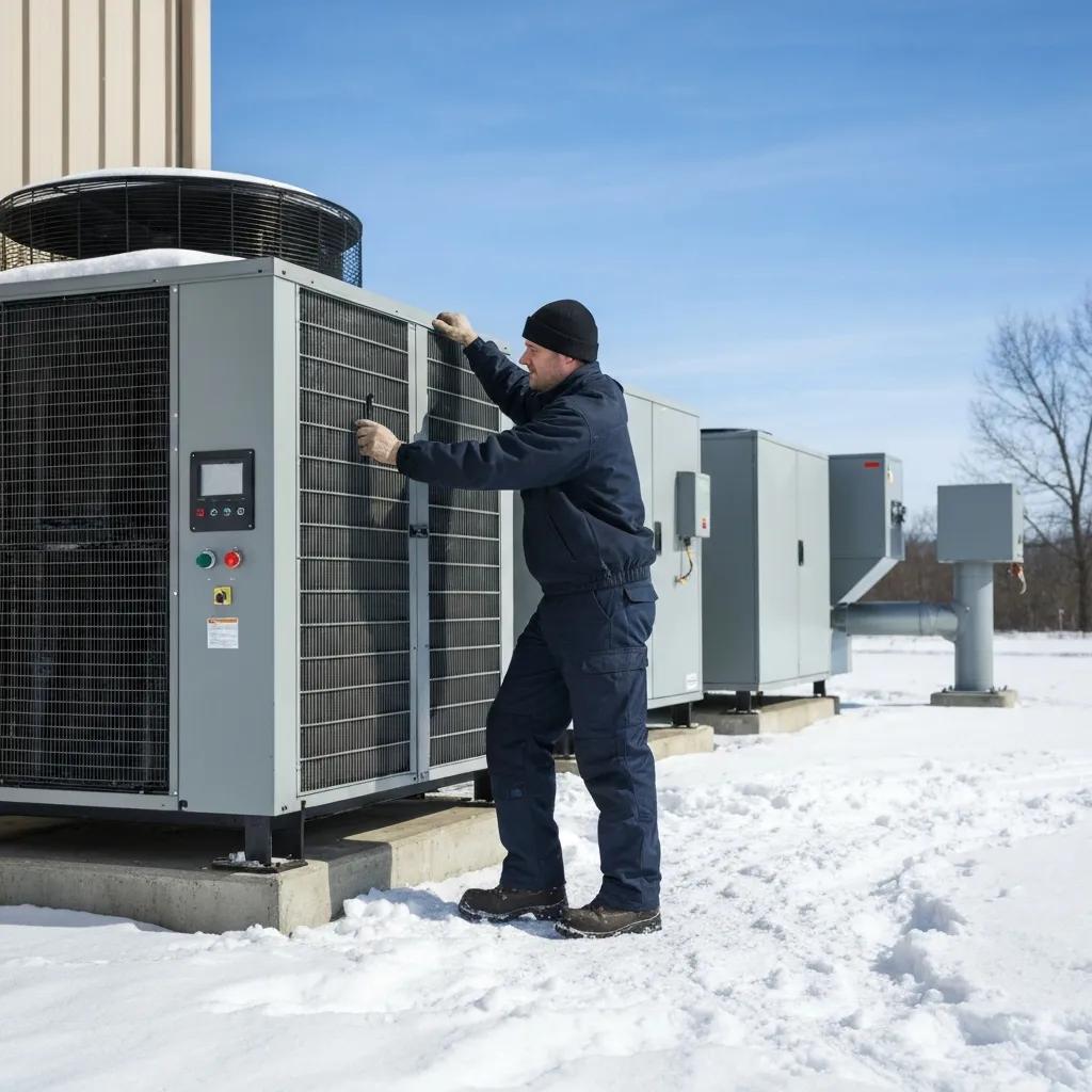 Commercial HVAC technician performing winter maintenance on heating unit in snowy environment