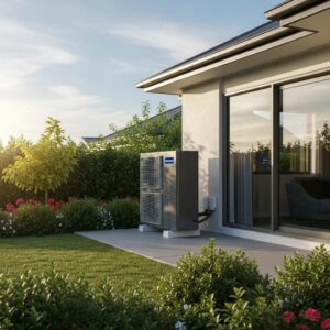 Modern heat pump system installed in a residential setting, highlighting energy efficiency and comfort